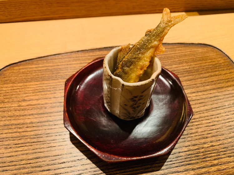 虎白　若鮎の天ぷらとトリュフの出汁1