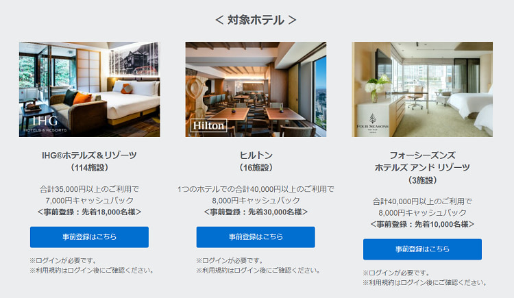 キャッシュバック対象ホテル（IHG®ホテルズ＆リゾーツ、ヒルトン、フォーシーズンズ ホテルズ アンド リゾーツ）